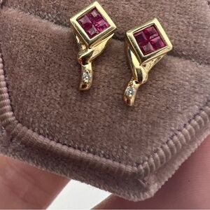14kt Genuine Rubies And Genuine Earth Mine Diamond Earring